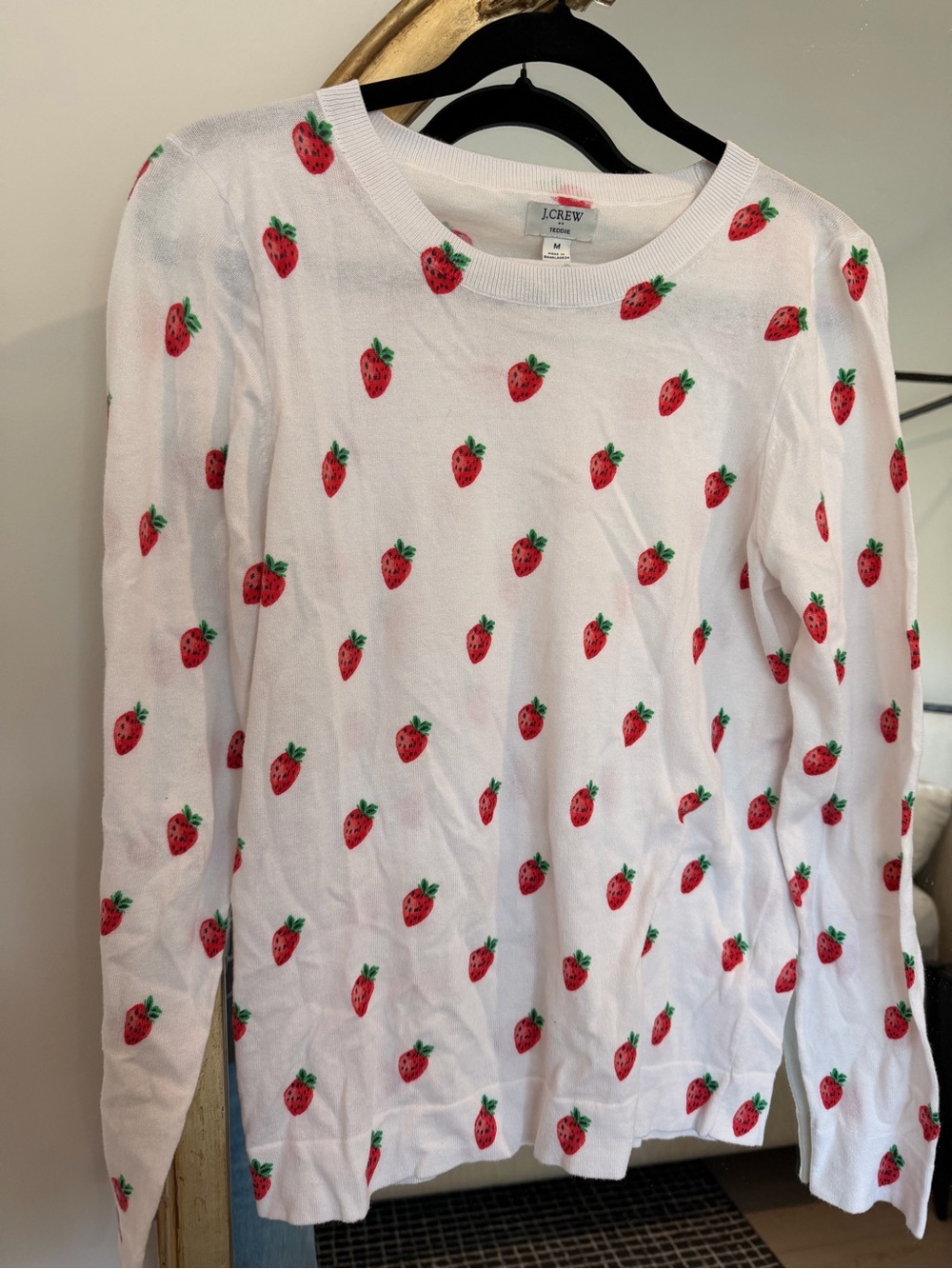 J. Crew White Long-Sleeve Top with Red Strawberry Print